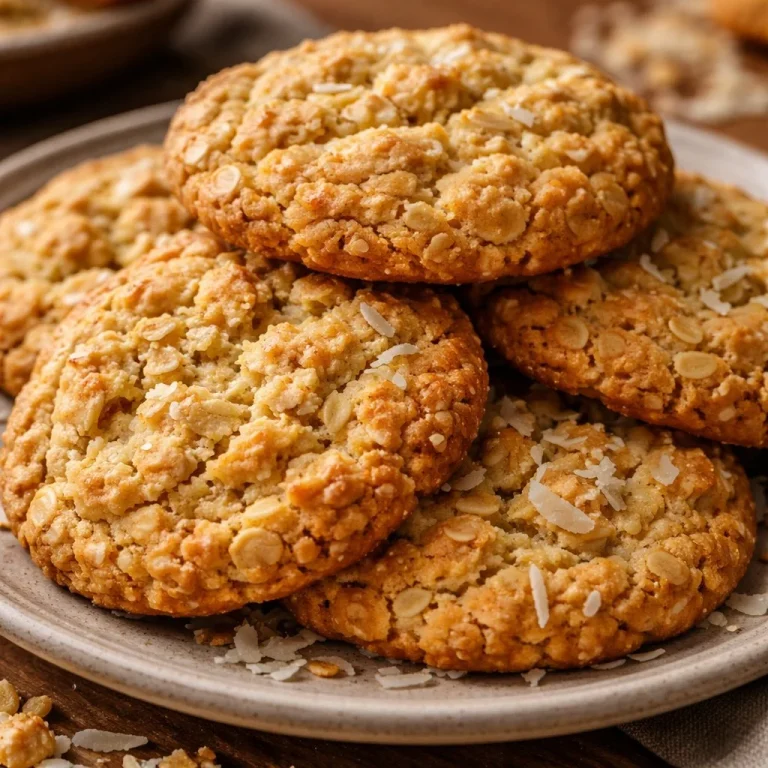 Freshly baked coconut oatmeal cookies on a cooling rack