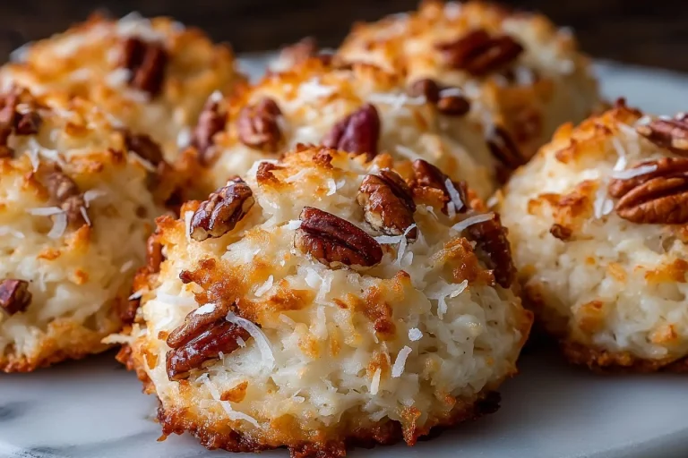 Homemade Coconut Pecan Cookies on a wooden plate, garnished with coconut flakes.