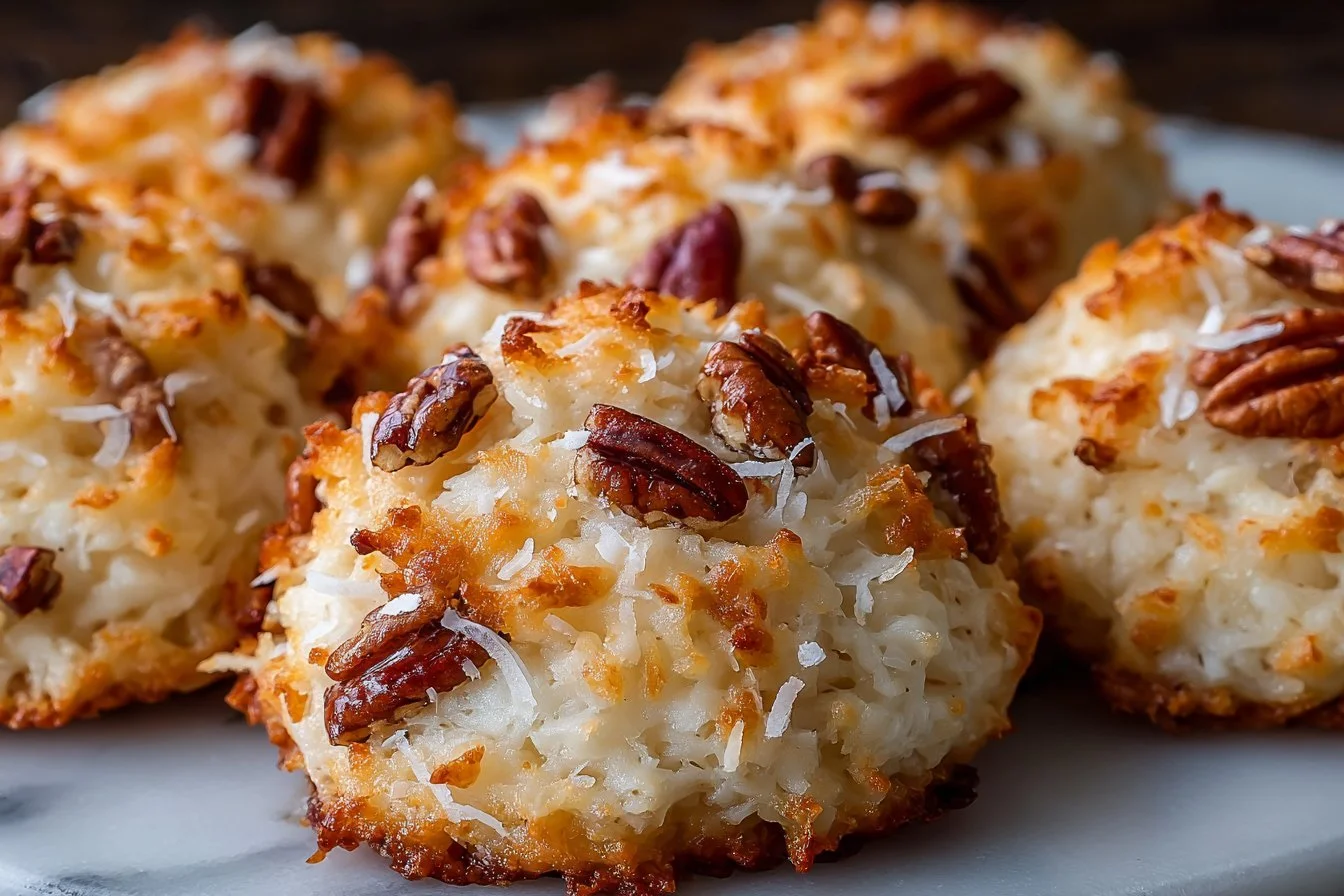 Homemade Coconut Pecan Cookies on a wooden plate, garnished with coconut flakes.