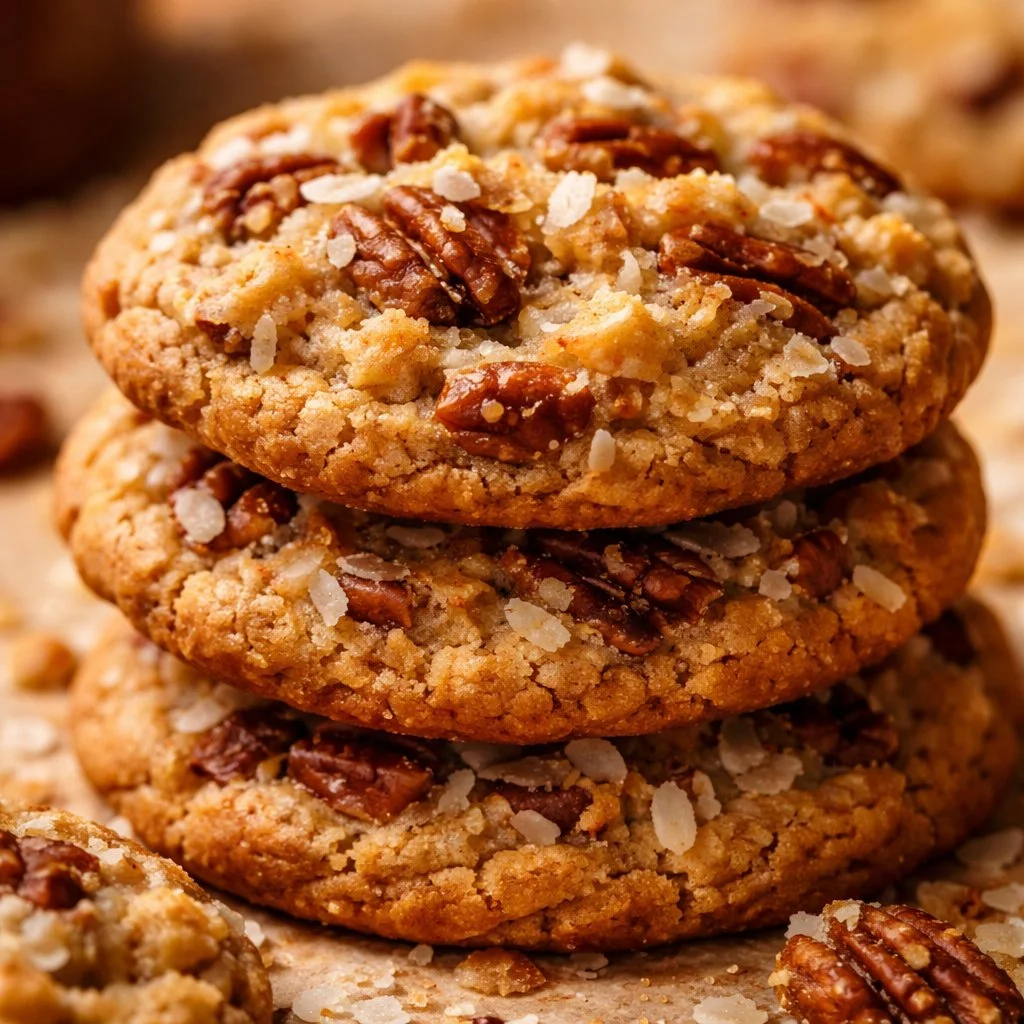 Plate of freshly baked Coconut Pecan Cookies with coconut flakes and pecans
