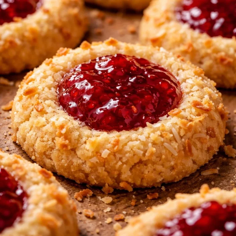Delicious Coconut Thumbprint Cookies with a fruity filling and coconut topping