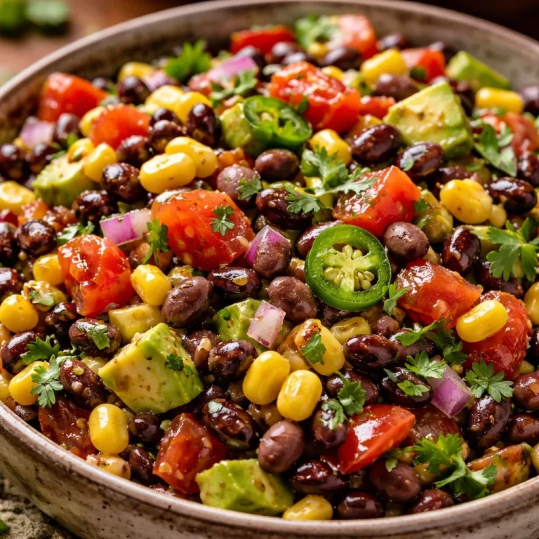 A colorful bowl of Cowgirl Caviar, a tasty southwestern dip with beans and veggies