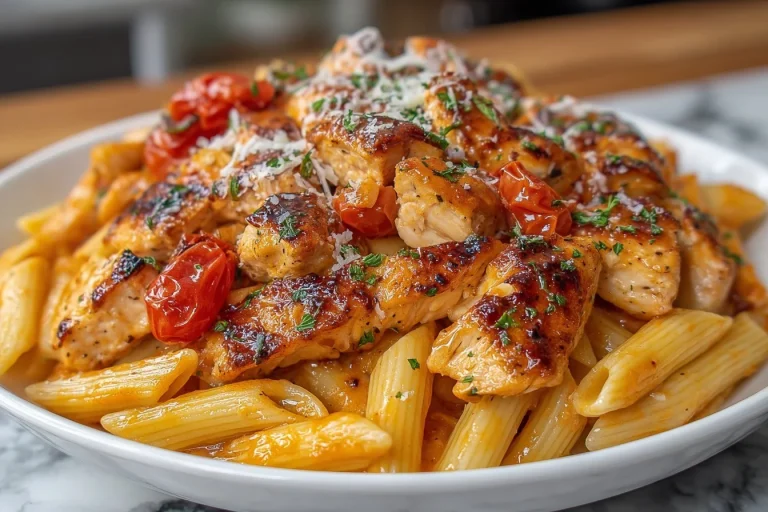 Delicious Crack Chicken Penne with creamy sauce and garnished ingredients