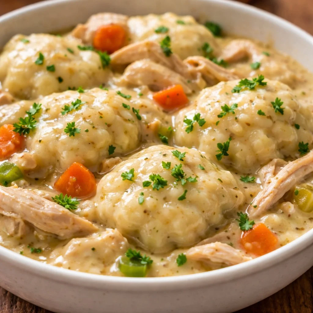 Delicious Cracker Barrel-style chicken and dumplings in a bowl