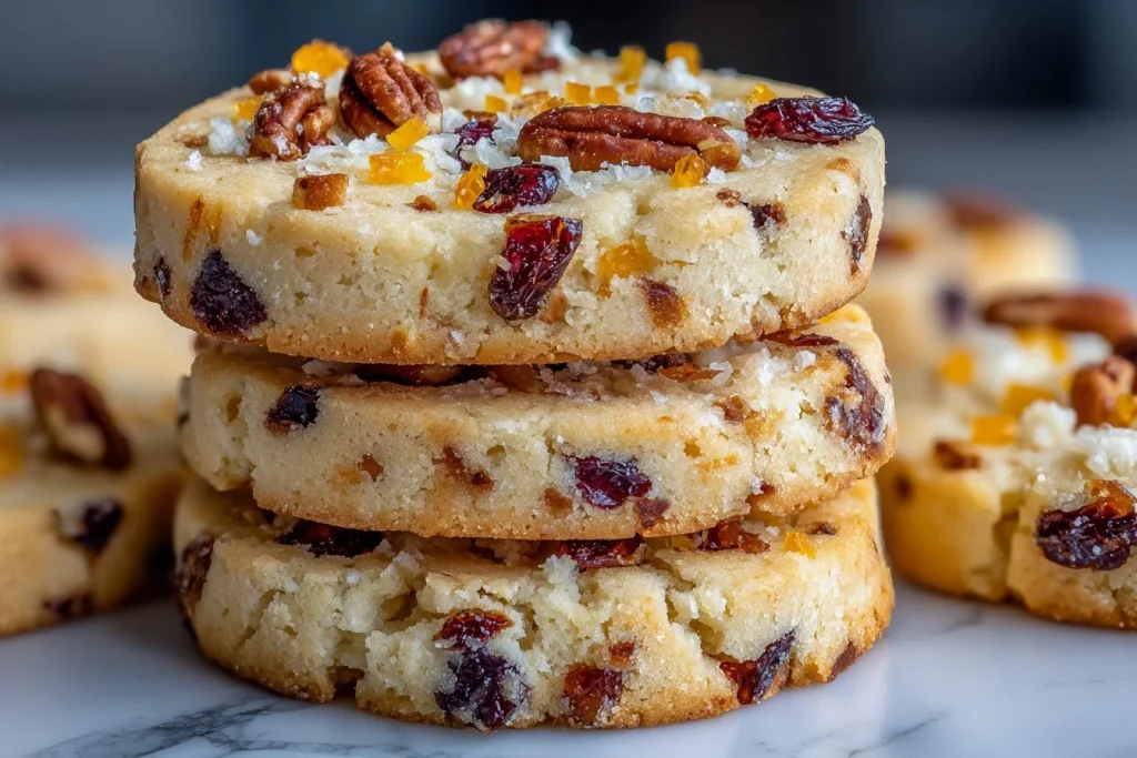 Cranberry Orange Shortbread Cookies with festive colors on a plate