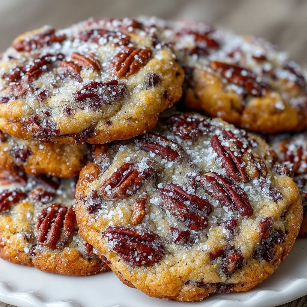 Freshly baked cream cheese pecan cookies on a rustic wooden table