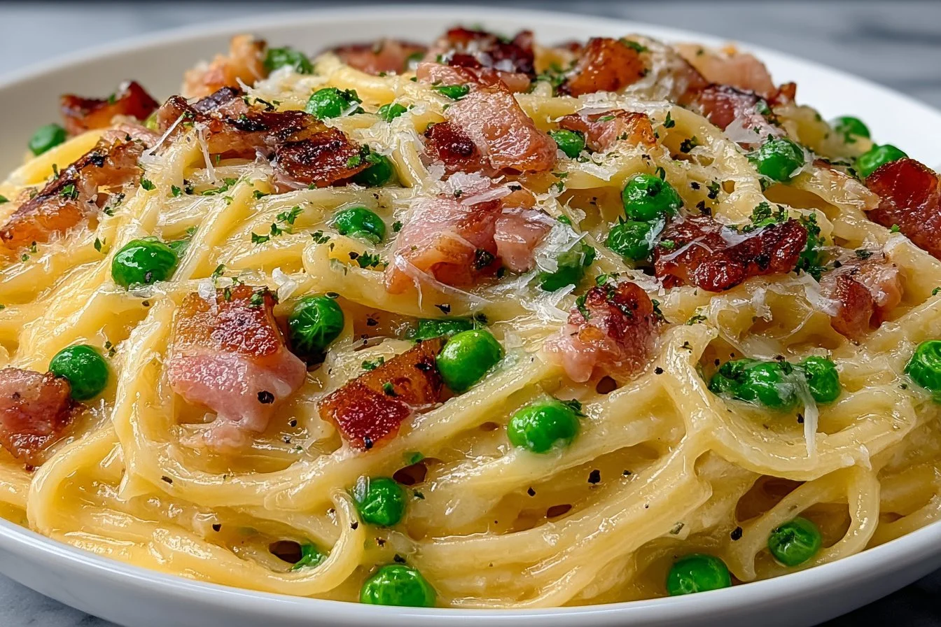 Creamy bacon and pea carbonara served in a bowl with a sprinkle of parsley.