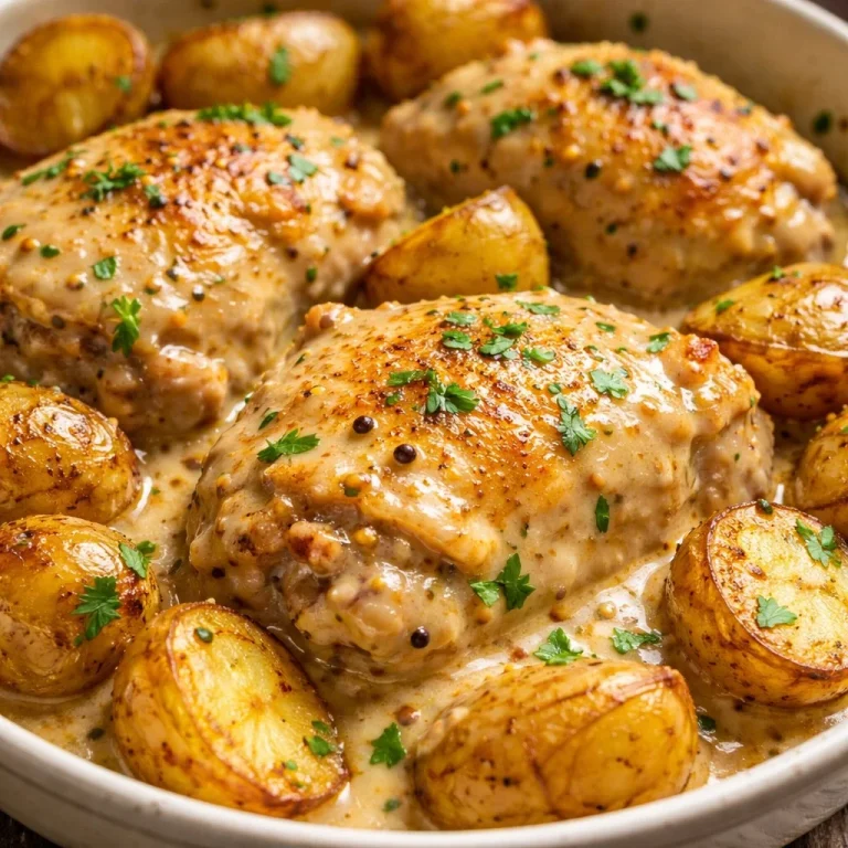 Creamy chicken and potatoes served in a bowl, garnished with parsley