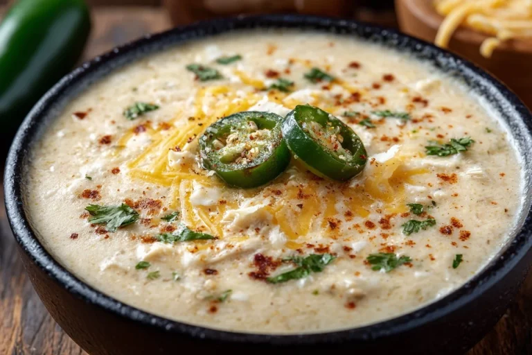 Bowl of creamy Chile Relleno Soup topped with cheese and cilantro