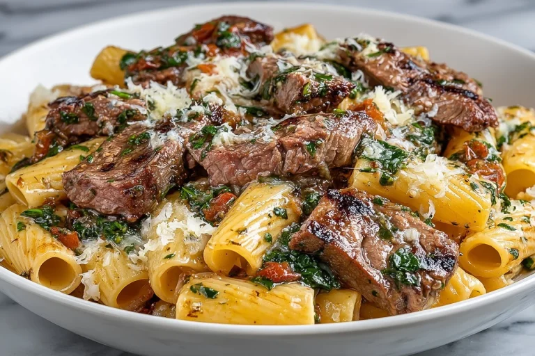 Creamy Garlic Butter Steak Rigatoni served in a bowl with parsley garnish