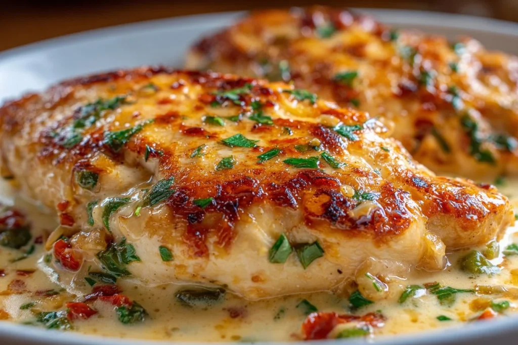 Creamy jalapeño chicken skillet dish garnished with fresh herbs