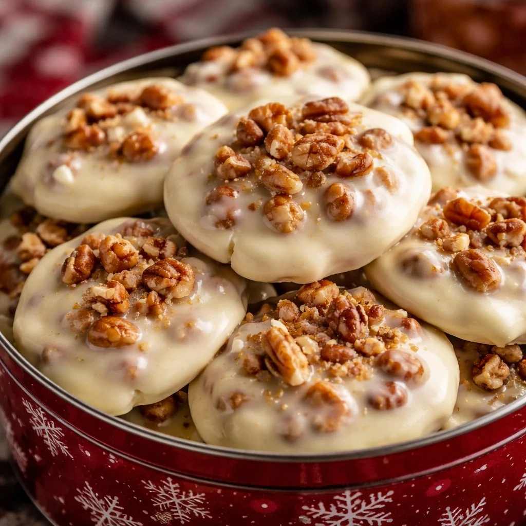 Delicious creamy vanilla pecan pralines topped with crushed pecans