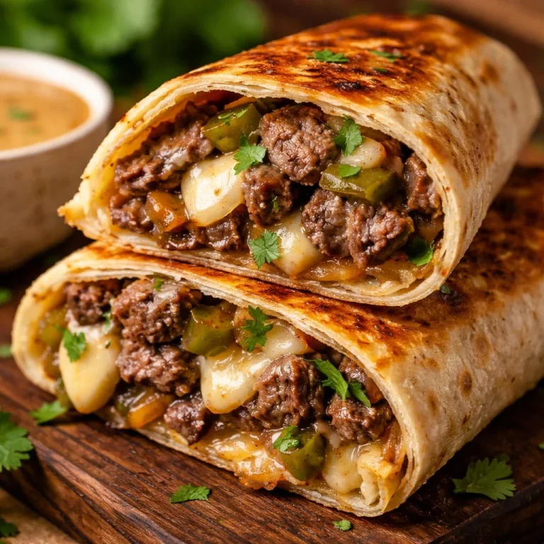 Crispy grilled wraps filled with Philly cheesesteak ingredients.