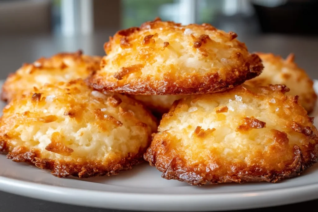 Crispy Salted Coconut Cookies placed on a wooden table