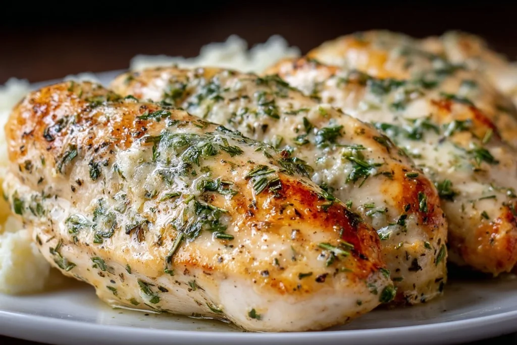 Delicious crock pot creamy lemon chicken breasts served with herbs