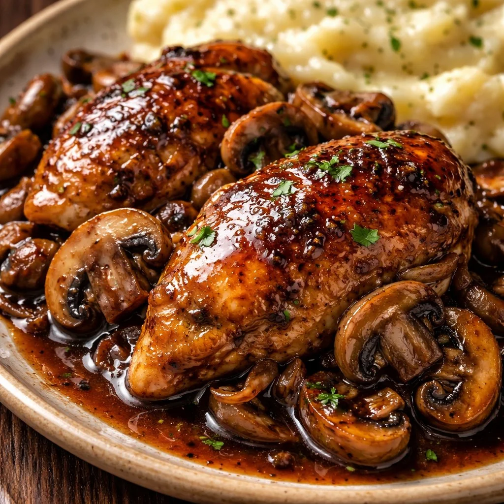 Crockpot Balsamic Chicken with Mushrooms served in a bowl