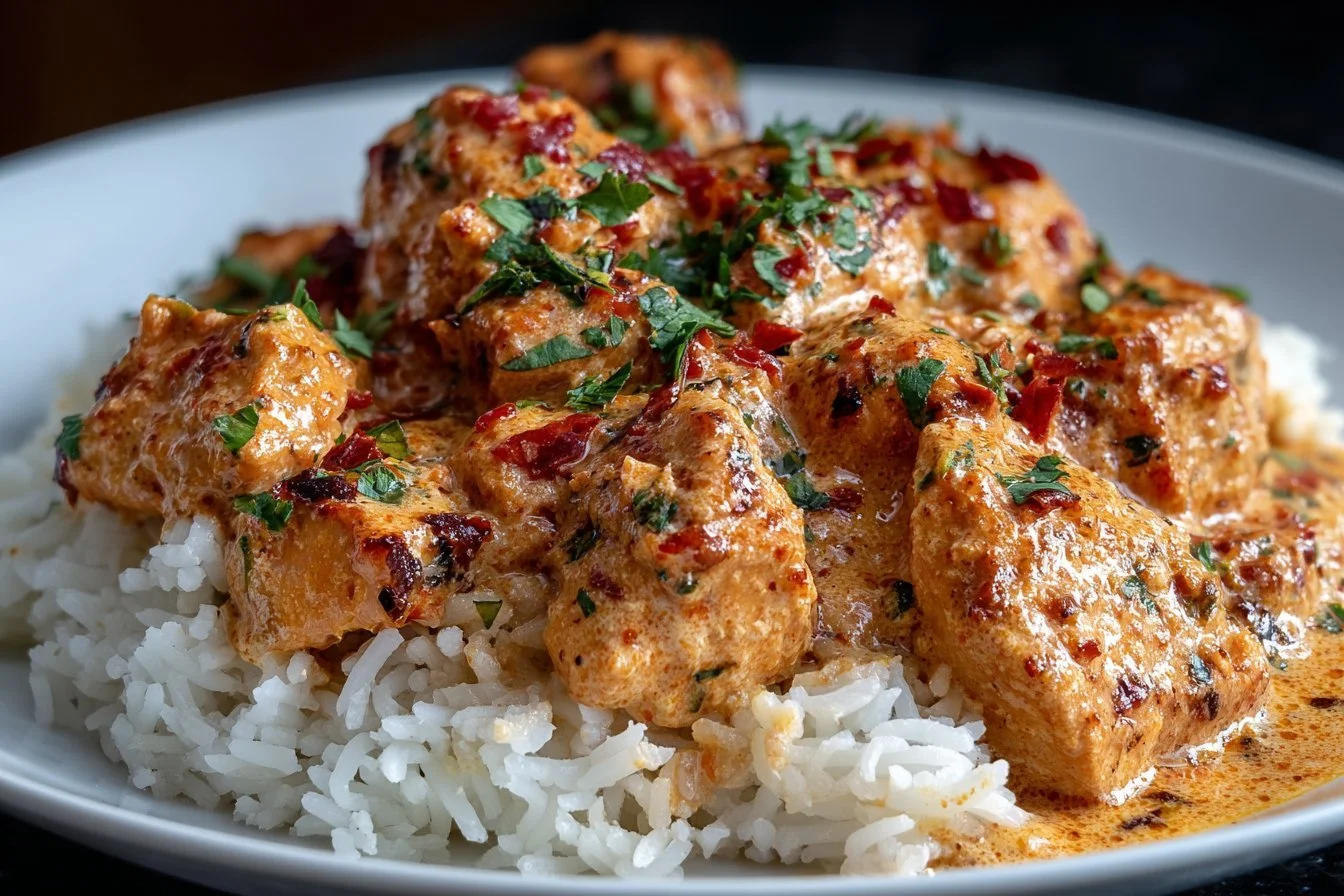 Crockpot Coconut Curry Chicken served in a bowl with fresh herbs