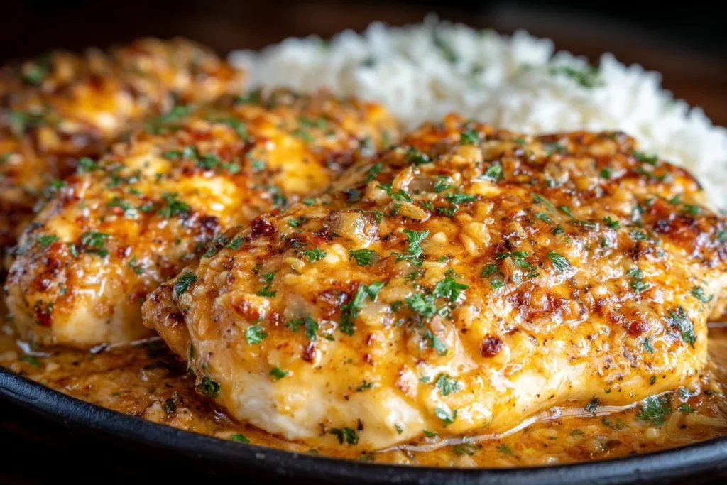 Delicious Crockpot French Onion Chicken served with melted cheese and herbs