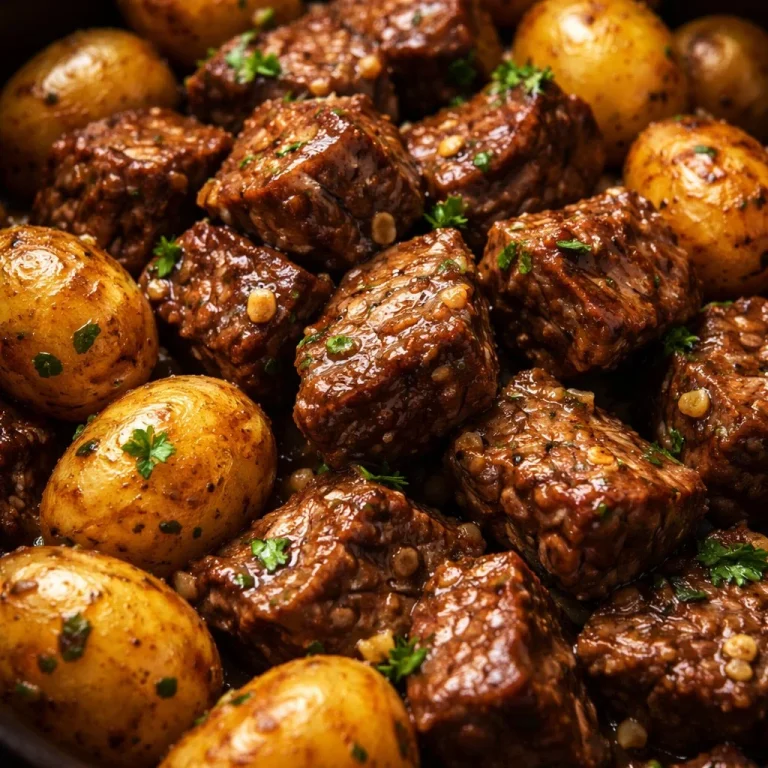 Crockpot Garlic Butter Beef Bites with Potatoes in a delicious garlic butter sauce