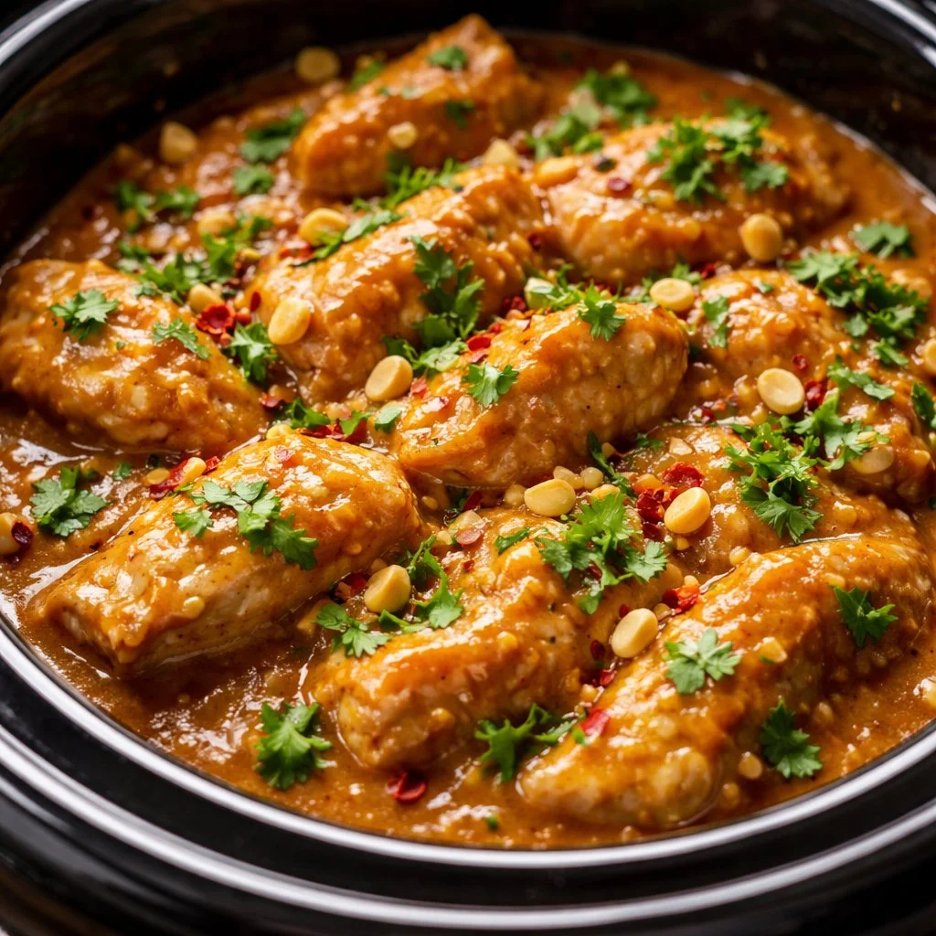 Crockpot Thai Peanut Chicken cooked with rich peanut sauce and vegetables