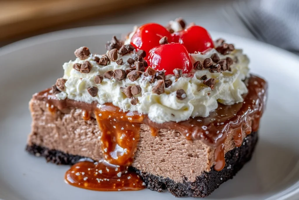 Delicious Black Forest Cheesecake with chocolate and cherries on top