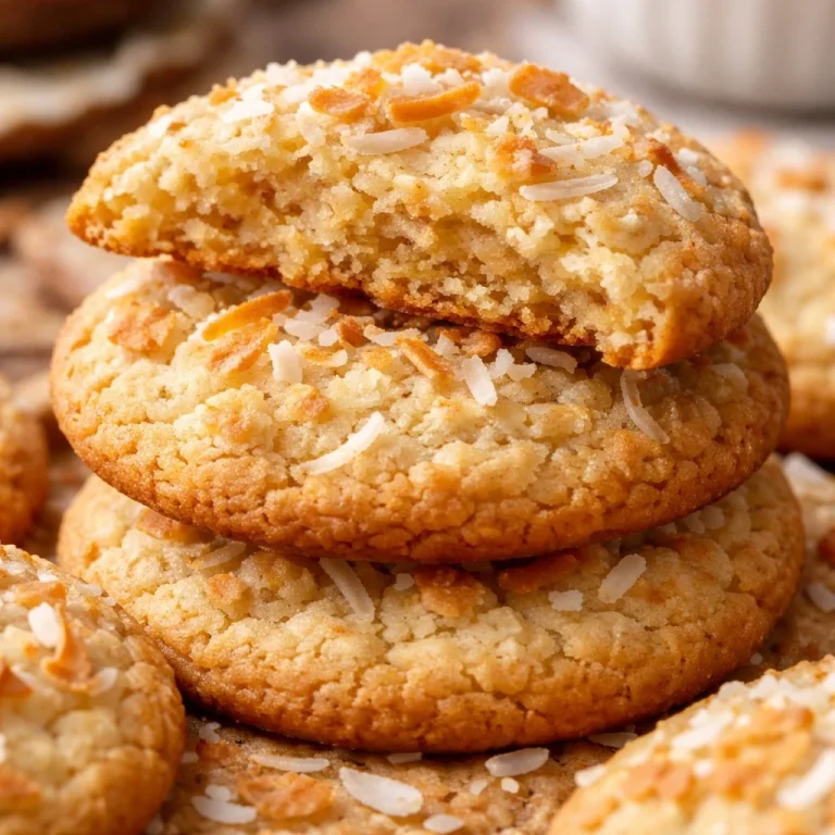 Soft and chewy coconut cookies on a plate with coconut flakes