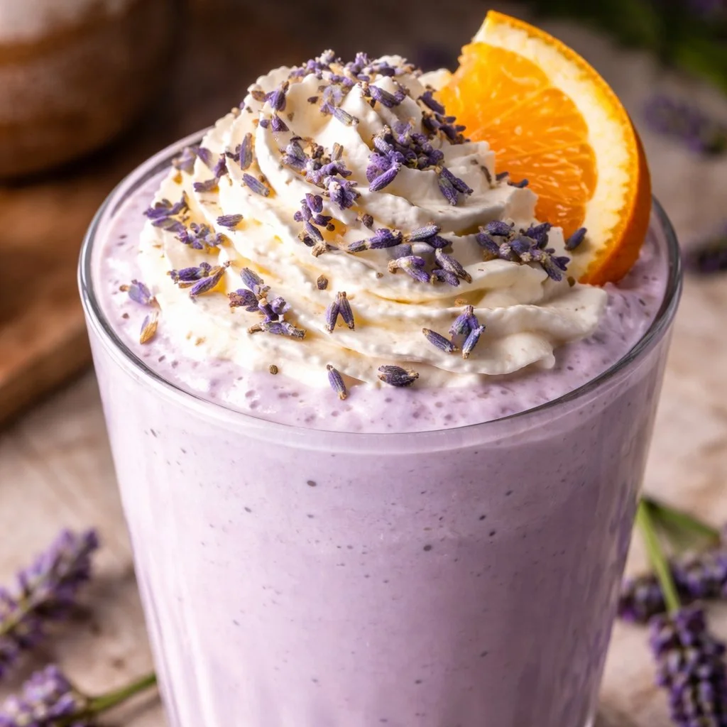 Earl Grey Lavender Milkshake in a glass, garnished with lavender flowers
