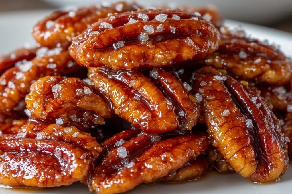 Bowl of easy candied pecans on a wooden table