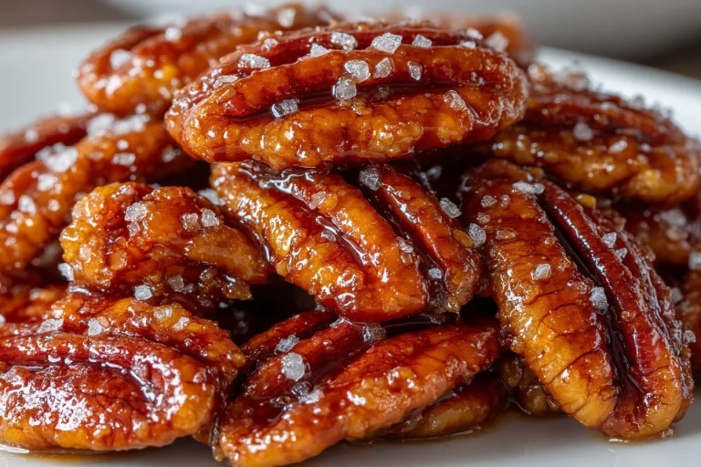 Bowl of easy candied pecans on a wooden table