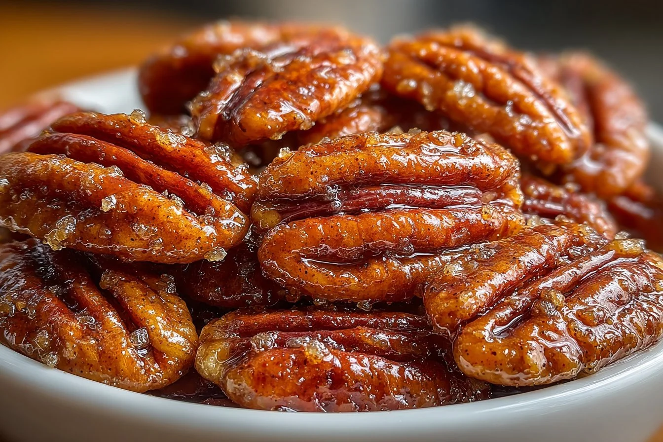 Bowl of easy cinnamon sugar pecans ready to snack on.