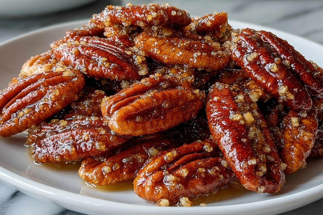 Bowl of easy cinnamon sugar pecans ready to be enjoyed as a snack.