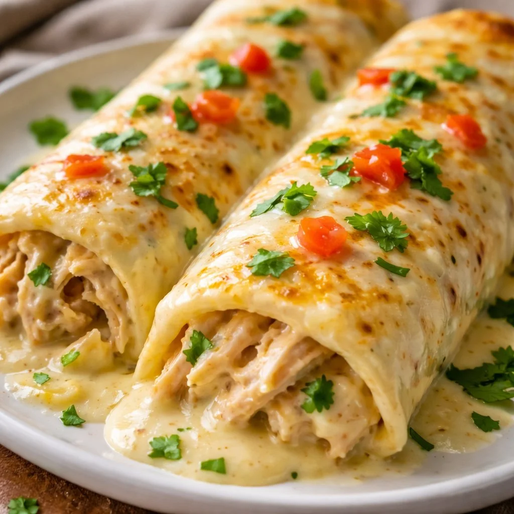 Creamy white chicken enchiladas topped with cheese and cilantro.