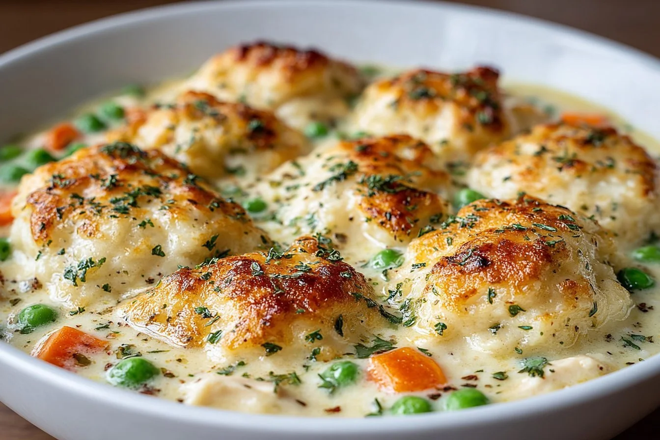 Bowl of easy crock pot chicken and dumplings topped with parsley