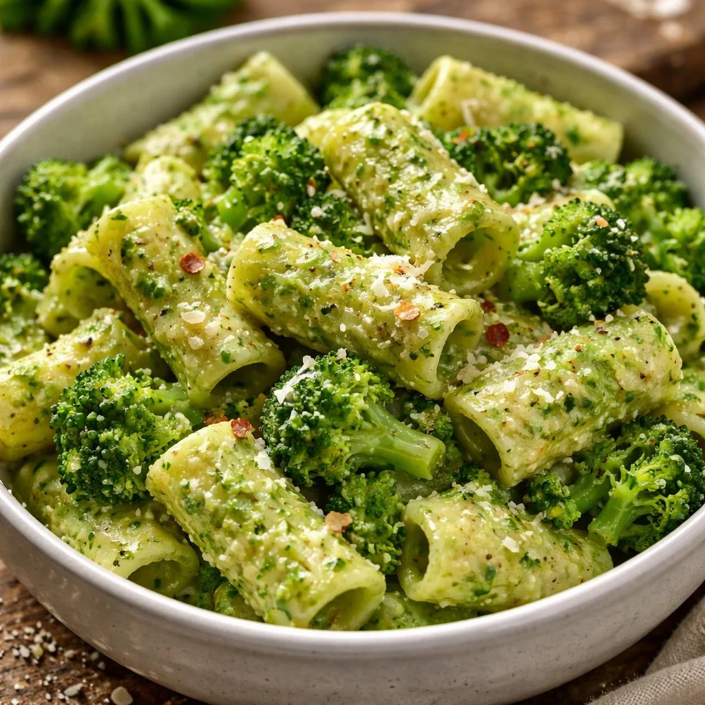 Bowl of easy healthy broccoli pasta with garlic and parmesan cheese