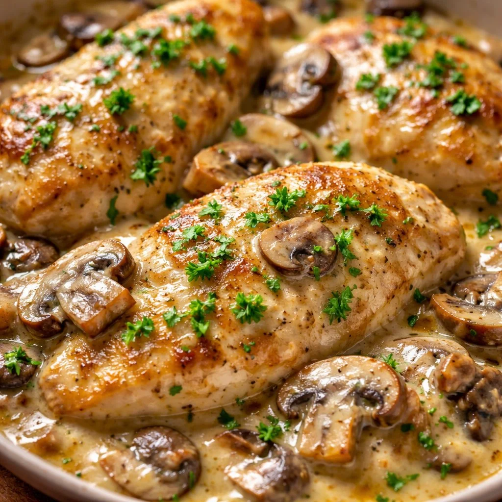 Easy mushroom chicken dish served with creamy sauce and fresh herbs