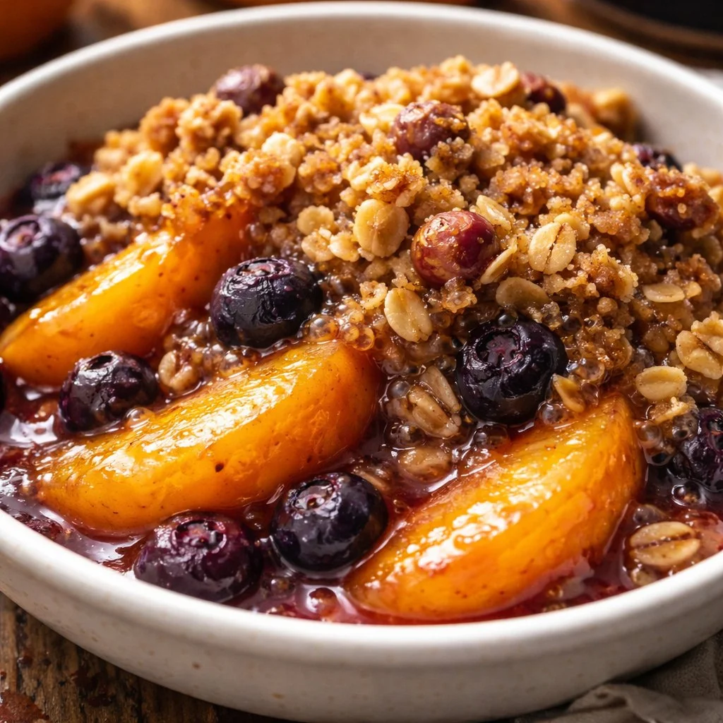 Delicious easy peach blueberry crisp baked to perfection with a golden topping.