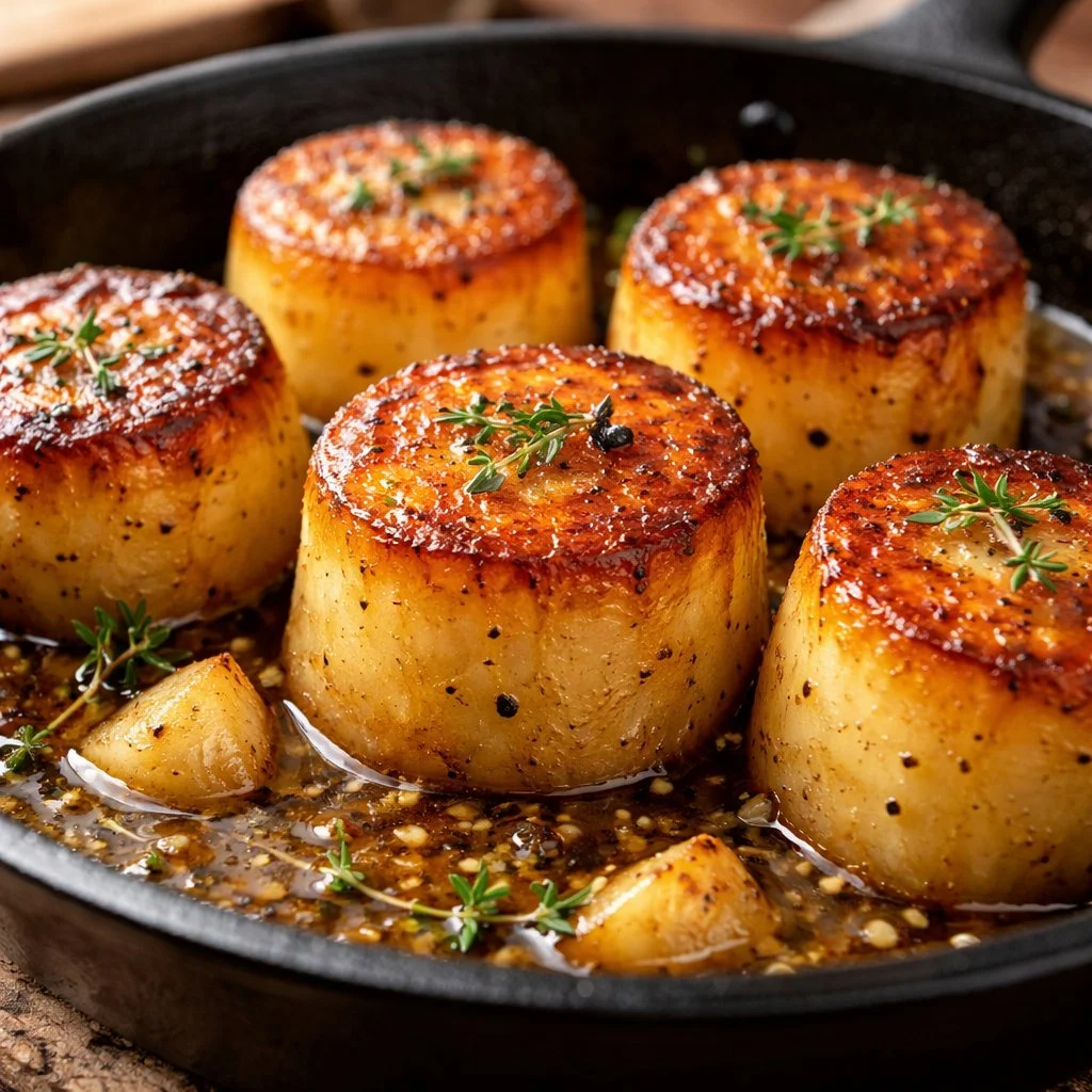 Deliciously prepared fondant potatoes served with herbs and seasoning.