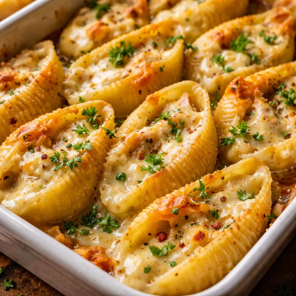 Delicious Garlic Butter Stuffed Shells filled with creamy cheese and herbs