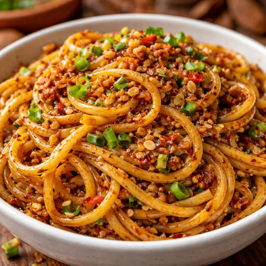 Plate of delicious Garlic Chilli Noodles garnished with herbs