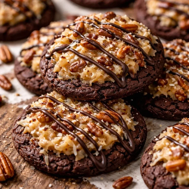 Freshly baked German Chocolate Cake Cookies with coconut and pecan frosting