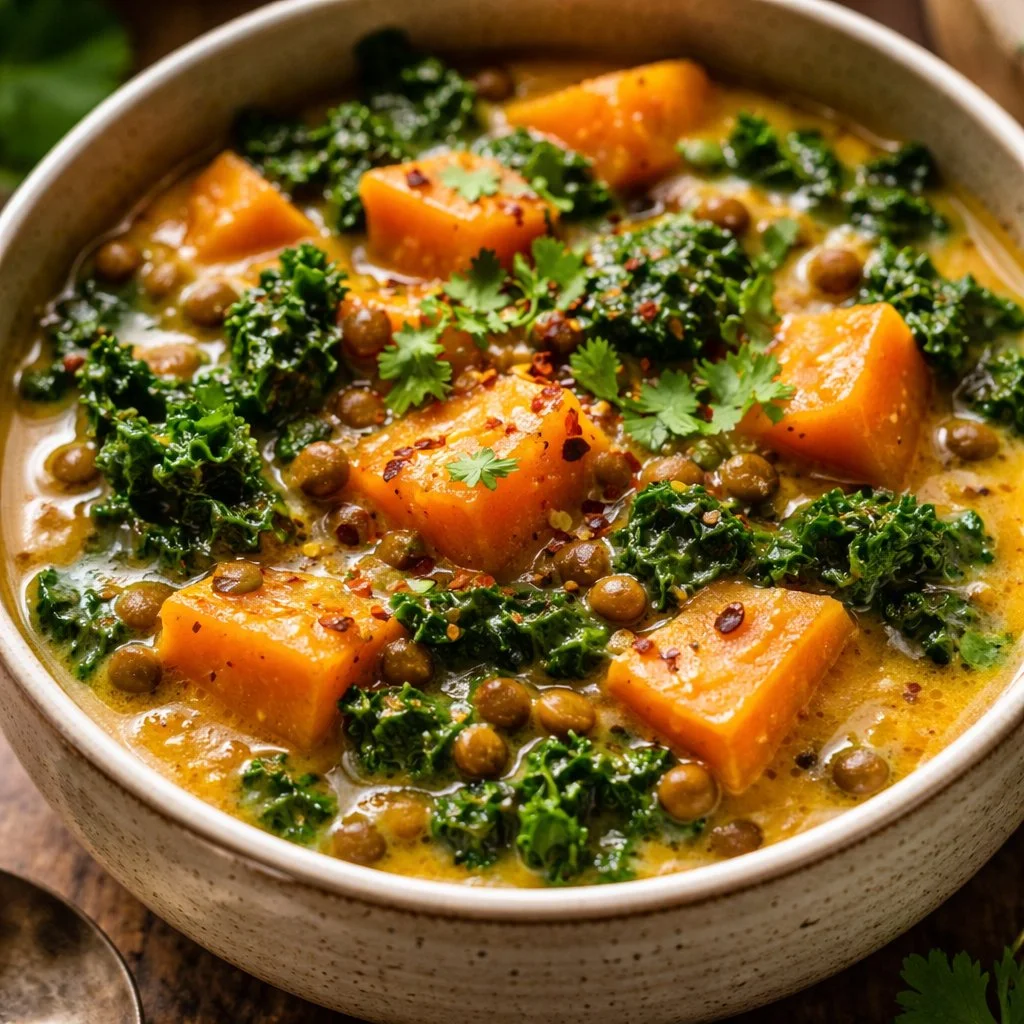 Bowl of gingered sweet potato and coconut milk stew with fresh herbs