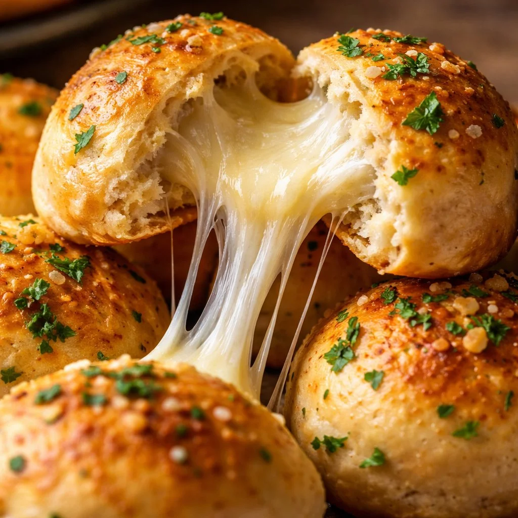 Gooey mozzarella biscuit bombs freshly baked and oozing cheese