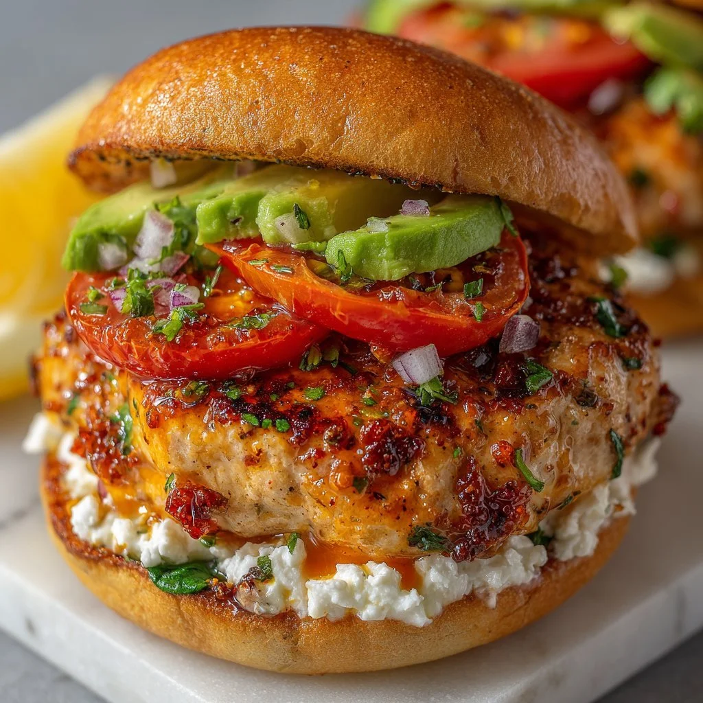 Juicy Greek Chicken Burgers topped with fresh herbs and feta cheese