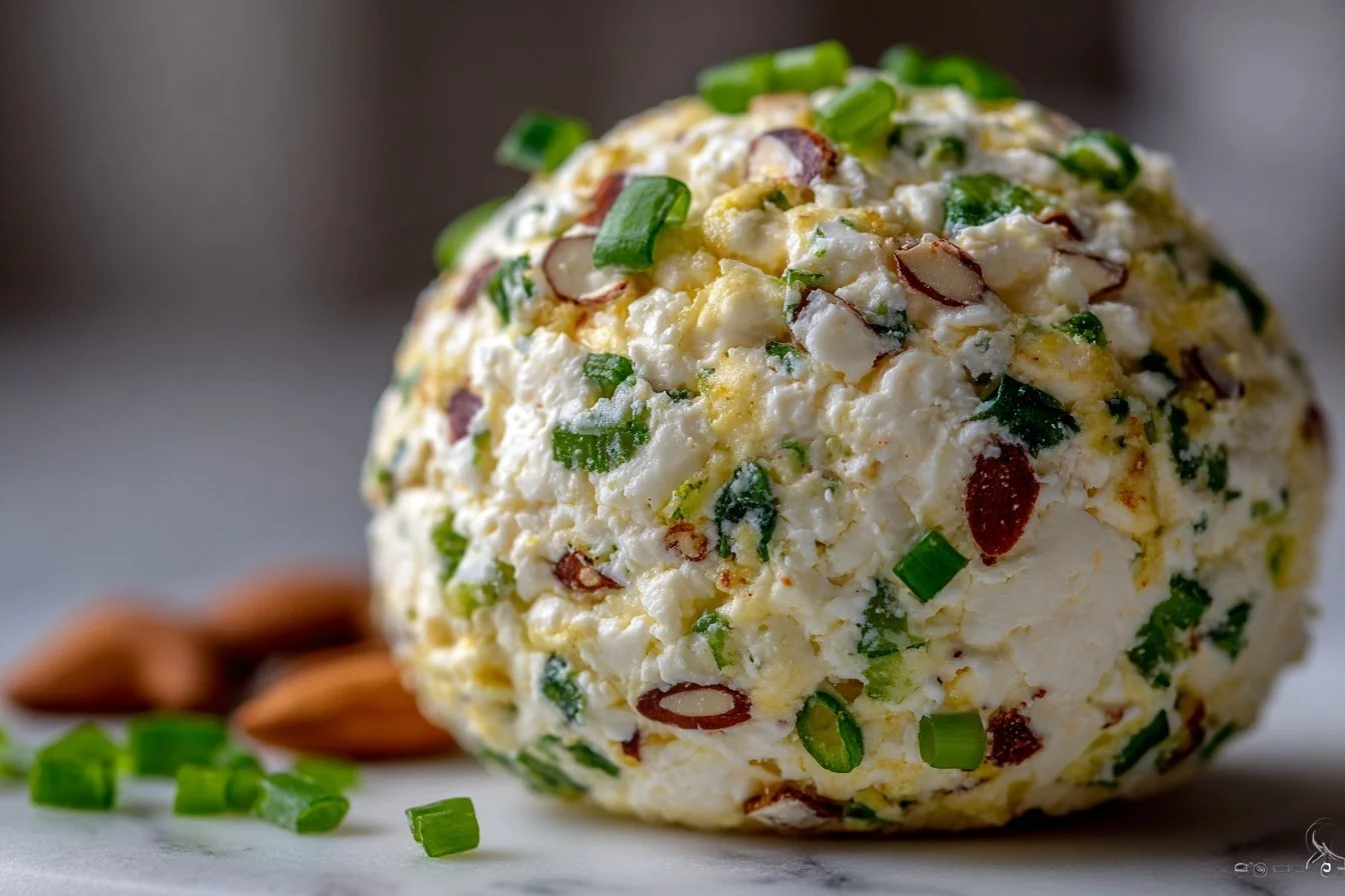 Homemade green onion cheese ball served with crackers on a platter