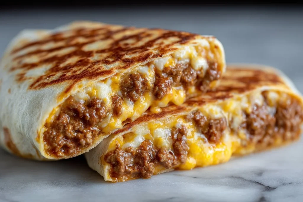Delicious grilled cheese burrito with melted cheese in a toasted tortilla