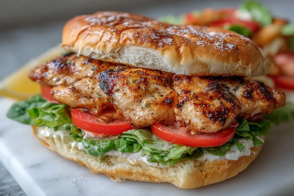 Delicious grilled chicken sandwich with fresh toppings and toasted bun