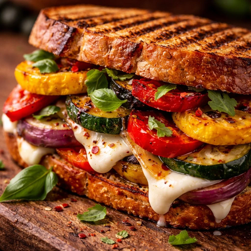 Delicious grilled veggie and mozzarella sandwich with fresh vegetables