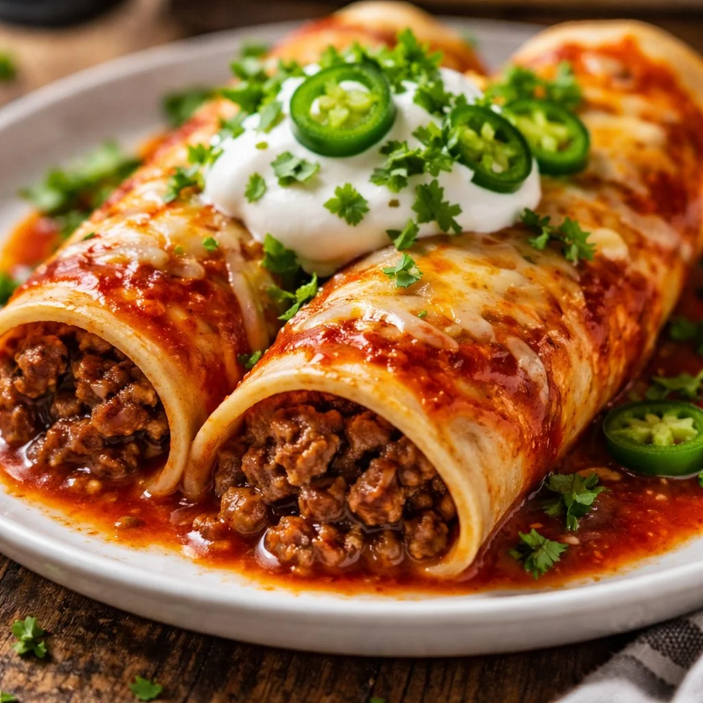 Delicious ground beef enchiladas topped with cheese and served with salsa