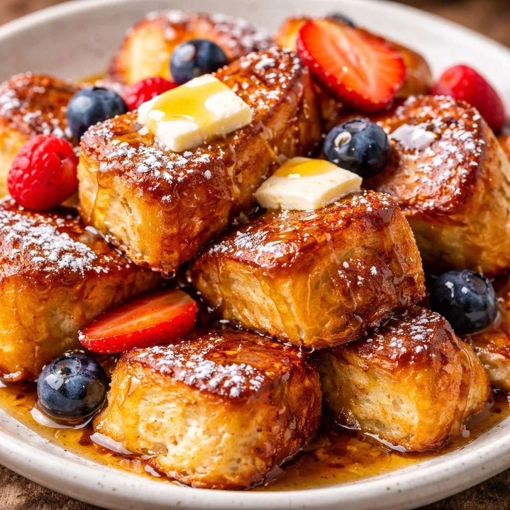 Delicious Hawaiian Roll French Toast topped with syrup and fruit.