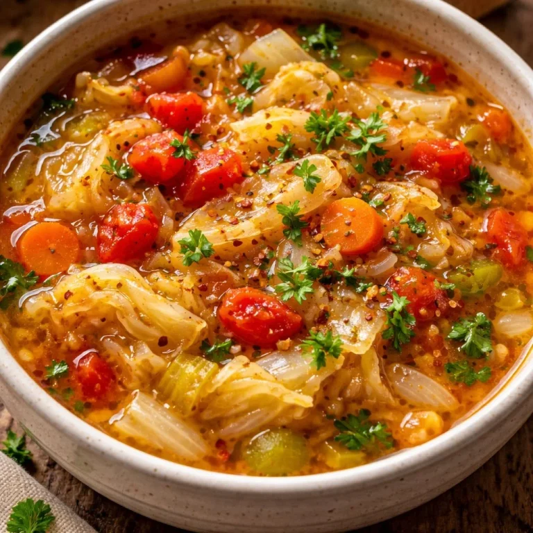 A bowl of healing cabbage soup filled with fresh vegetables and herbs.